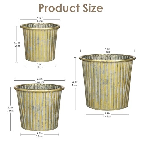 Metal Rustic Flower Pots - 3 PCS Galvanized Planters Rustproof Durable Gold