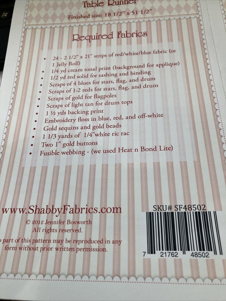 American Glory Table Runner Pattern by Shabby Fabrics used
