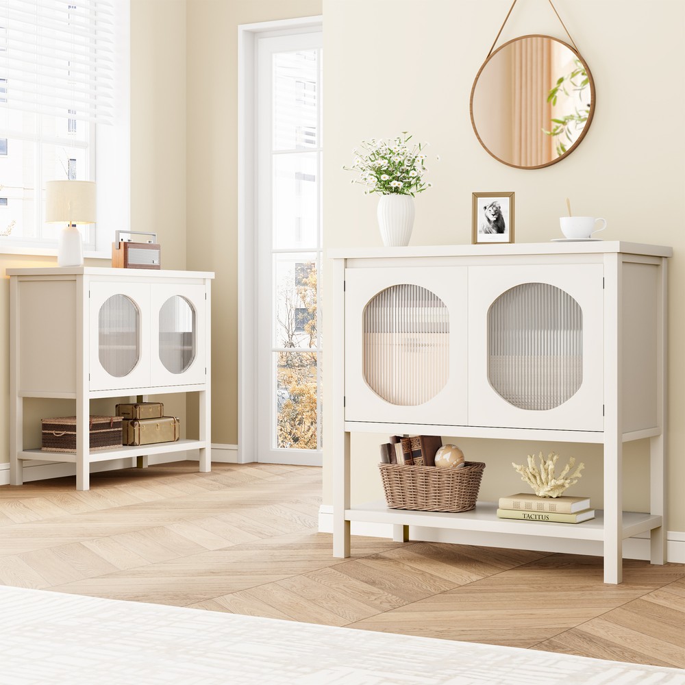 35.4" Storage Cabinet with Glass Doors & Bottom Shelf, Modern Buffet Sideboard