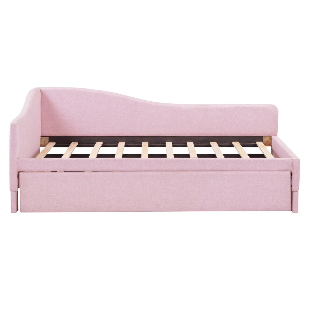 Twin Size Daybed Linen Upholstered Bed Frame Sofa Bed w/ Pull Out Trundle Bed