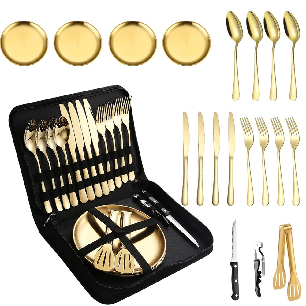 Picnic Dishes Utensils Gold Camping Flatware Set for 4 Portable Dinnerware Pl...