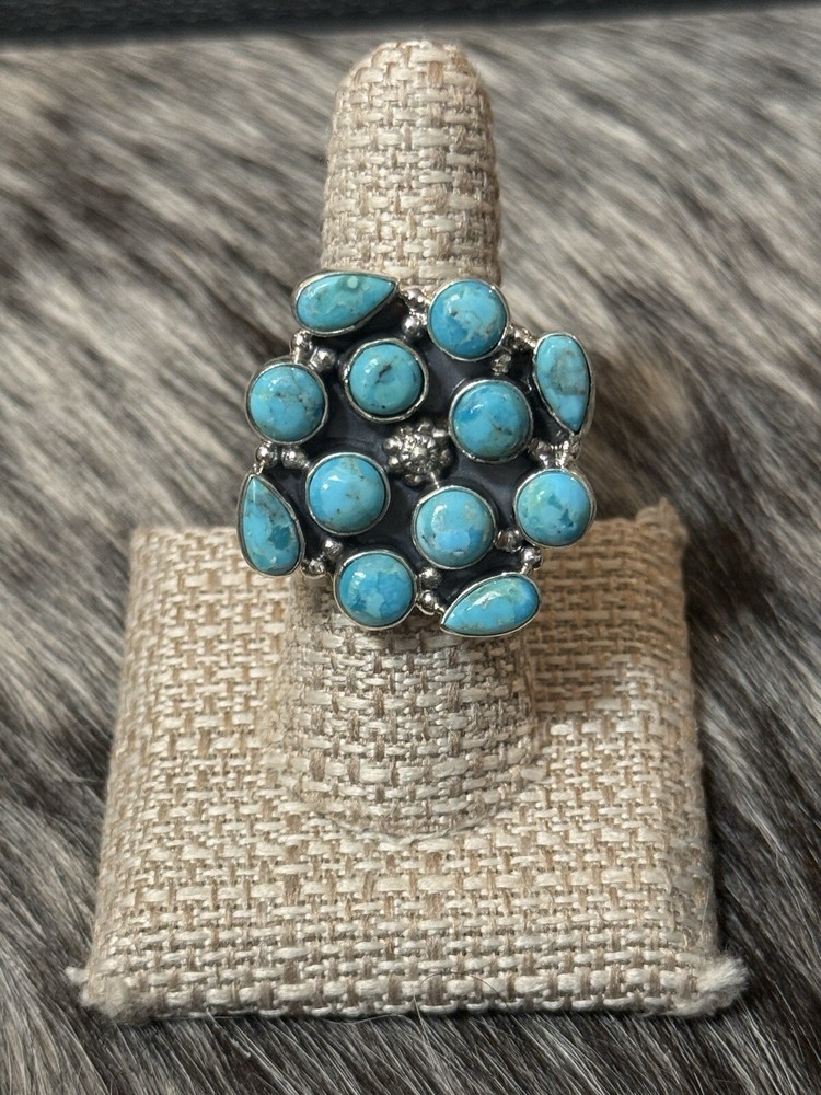 Native Southwest Sterling Silver Blue Turquoise Cluster🩵💙 Ring Adjustable