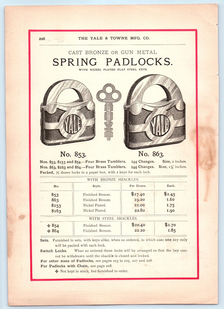 1884 Yale Lock Padlock Advertisement Catalog Page
