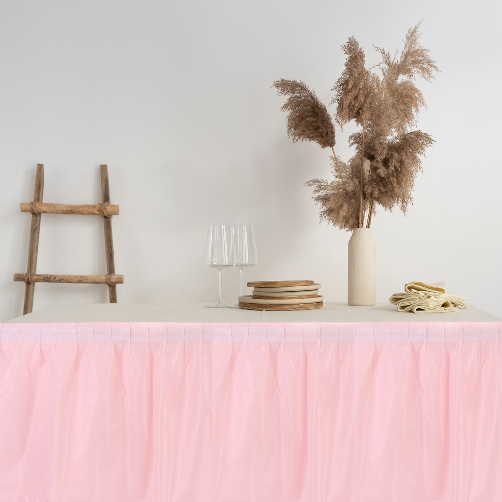 1 Pack Light Pink Plastic Table Skirts, 29 in x 14 Ft Table Skirts Rectangle
