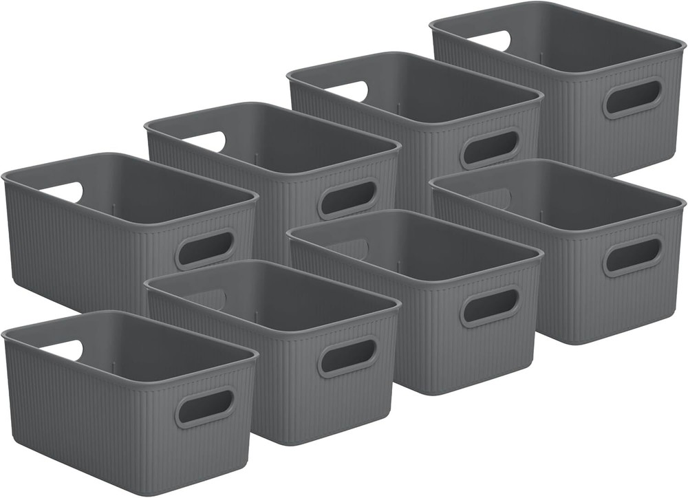 Superio 5L Small Ribbed Storage Bin- Plastic Storage Bin  (8 Pack, Grey)