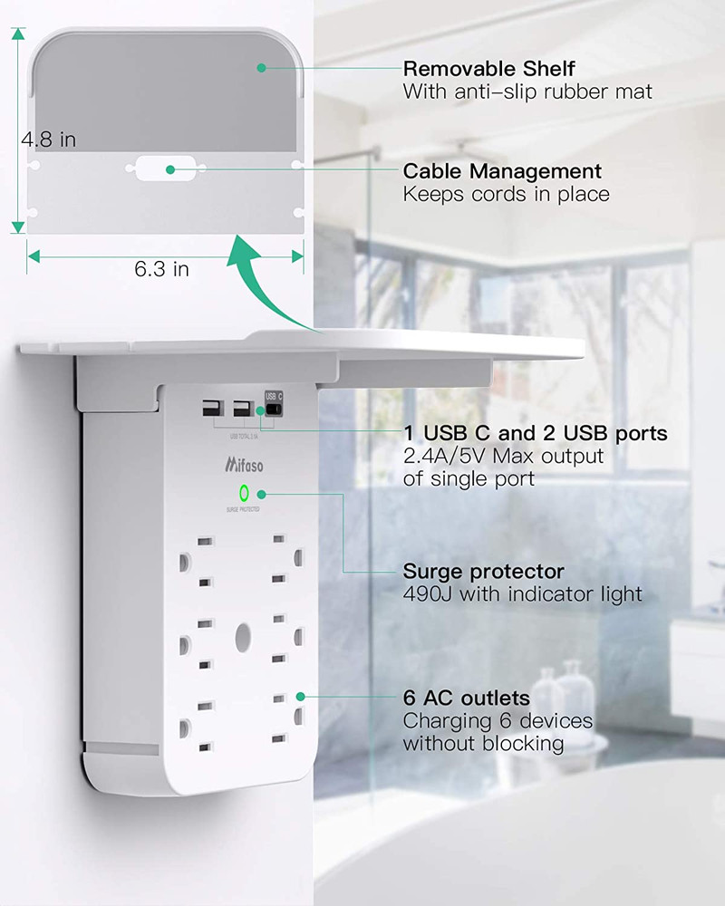 Wall Outlet Extender with Surge Protector, 6 AC Outlets, Shelf, 2 USB & USB C Ch