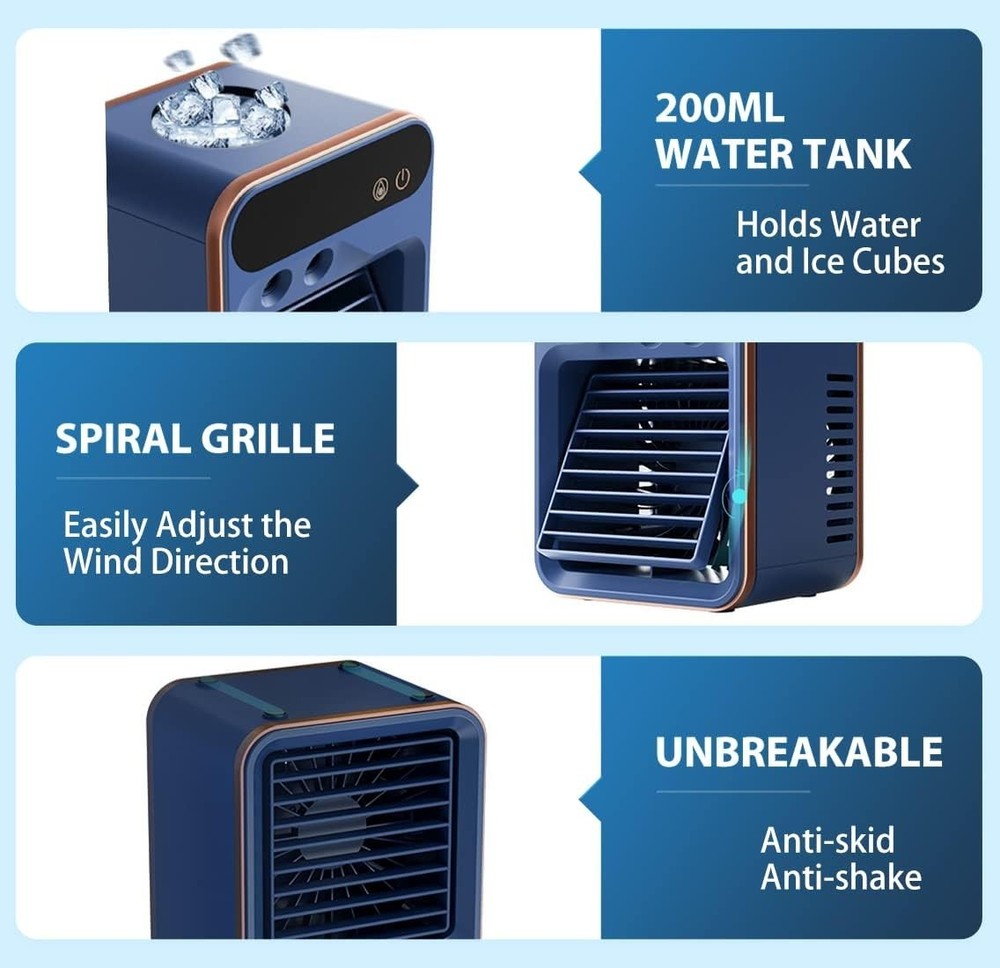 Blue Portable Air Cooler 4-in-1 Fan Humidifier Purifier Rechargeable
