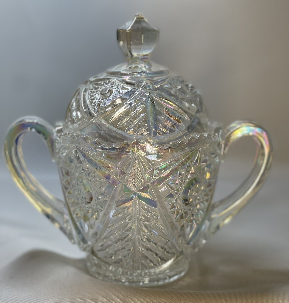 Valtec Pattern Sugar And Creamer Iridescent Clear Glass Lusterware L.E. Smith