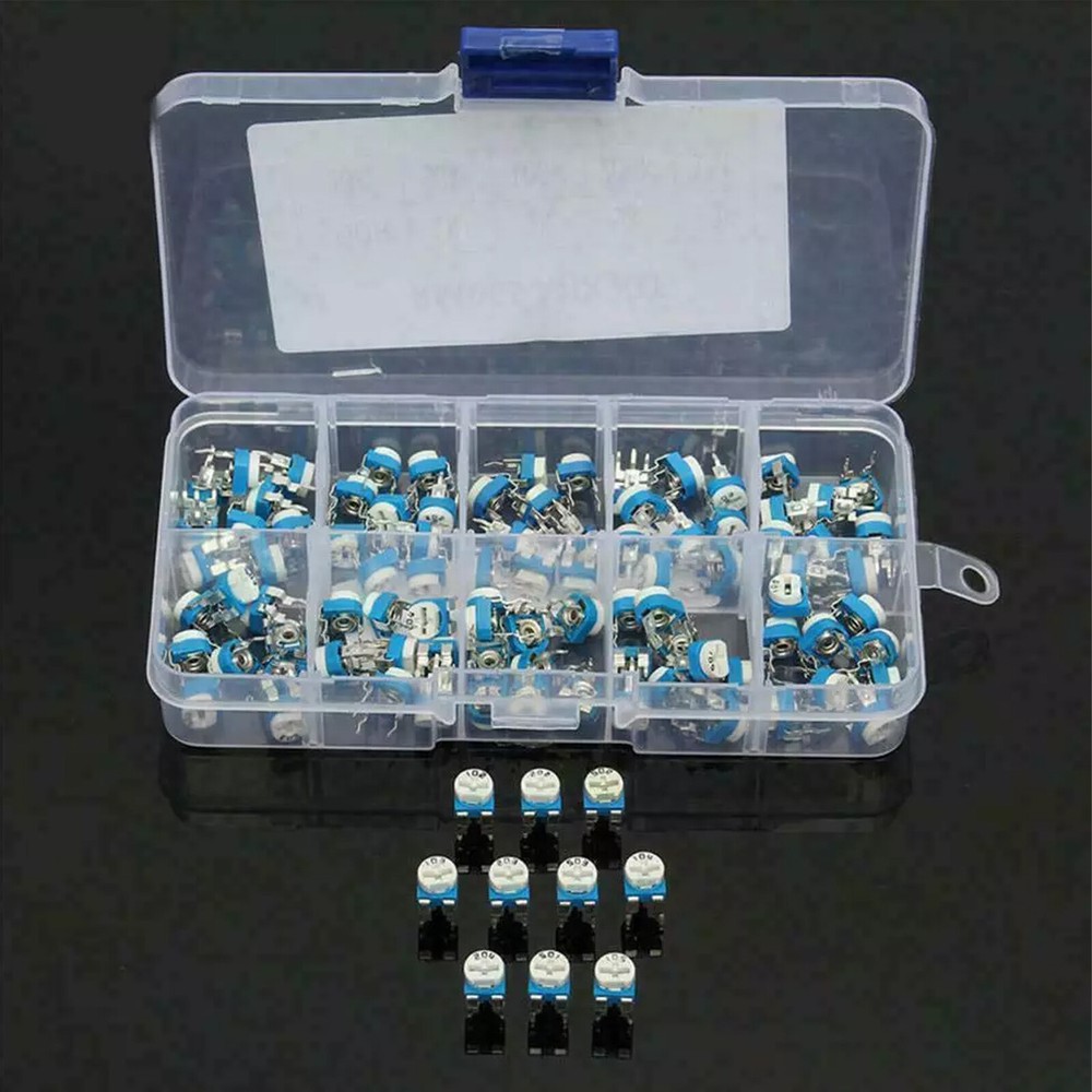 100pcs  Potentiometer Trimpot Variable Resistor Assortment Box Kit 10 ValueKpkKq