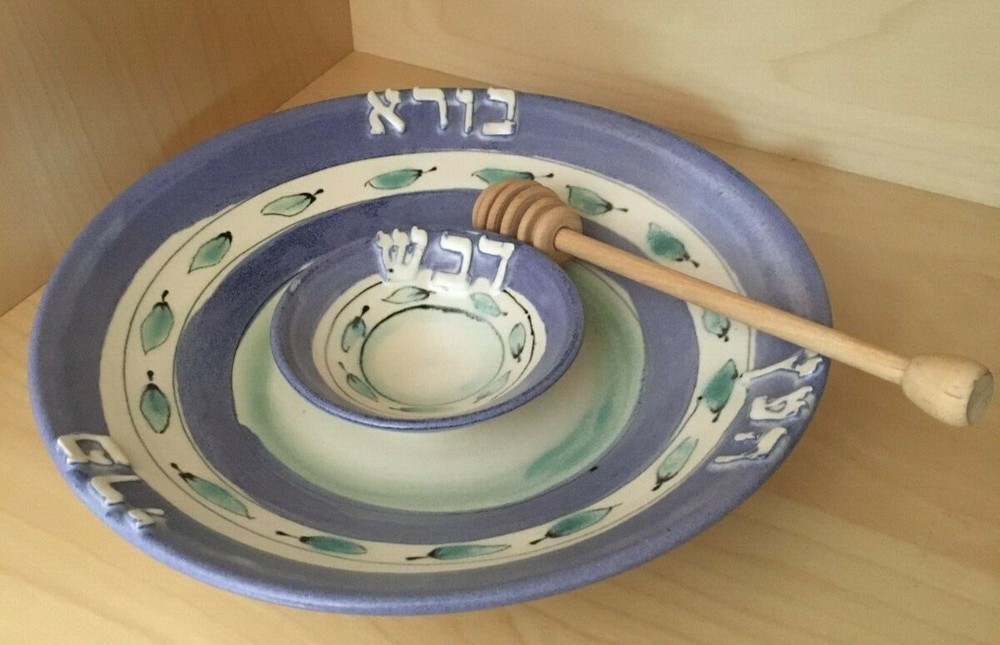 Three-piece Handmade Ceramic Honey Dish for Rosh Hashana