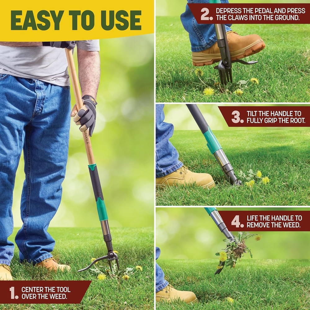 Stand Up Weed Puller 44" w/ 4 Claw Steel Head Long Bamboo Handle