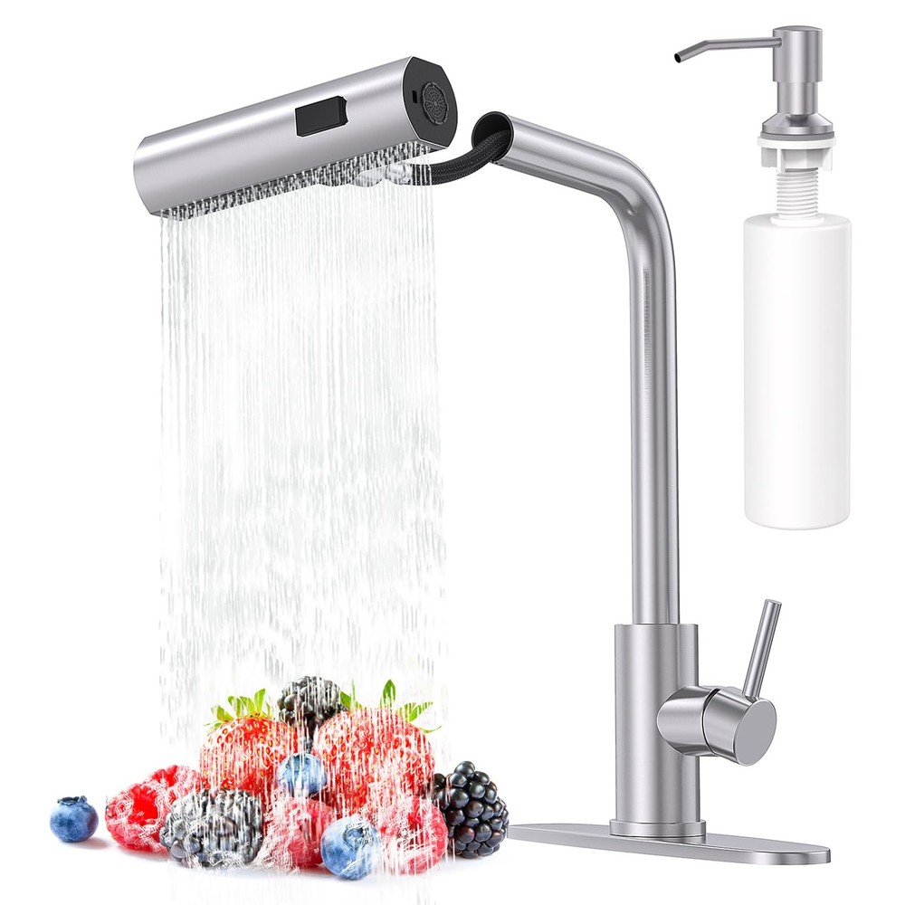 Brushed Nickel Kitchen Faucets with Pull Down Sprayer & Soap Dispenser, Singl...