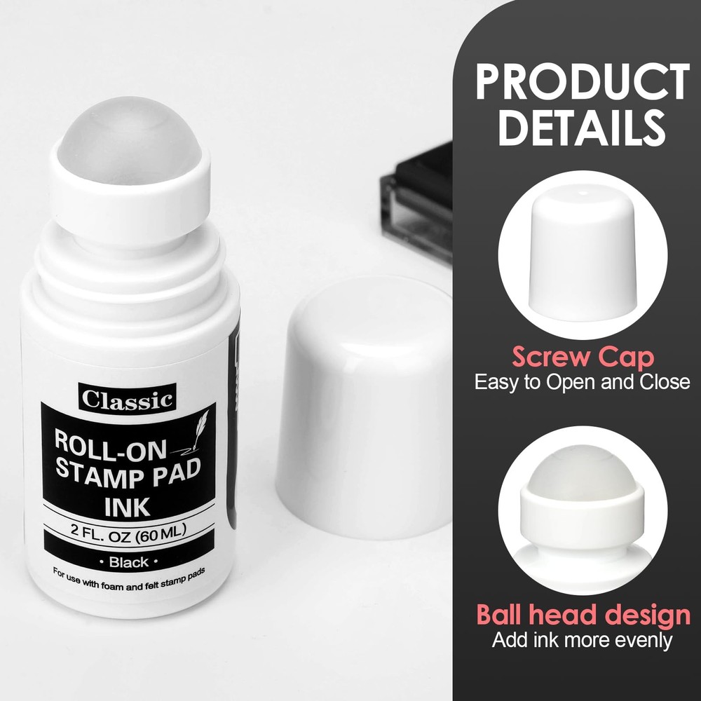 2 Pack Black Roll-on Stamp Pad Ink Refill 2 oz Roll-on Ink Refill Self Inking...