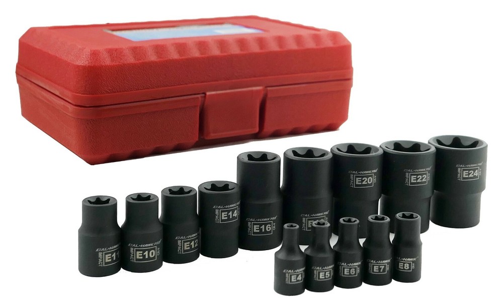 14-Pc Cr-Mo Female Star E-Torx External Bit Socket Set E4-E24 1/2" 3/8" 1/4" Dr.