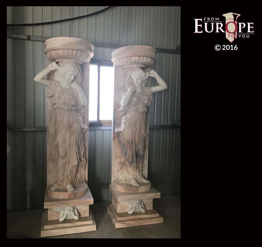 BEAUTIFUL HAND CARVED SOLID MARBLE FIGURATIVE COLUMNS WITH URNS - ZST3