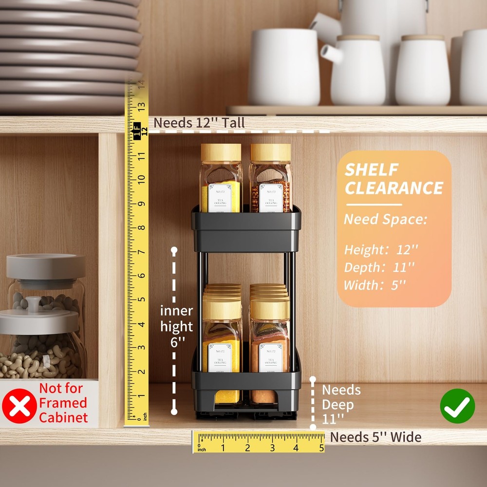 Pull Out Spice Rack Organizer for Cabinet, 3 Packs Slide 3 Pack, Black