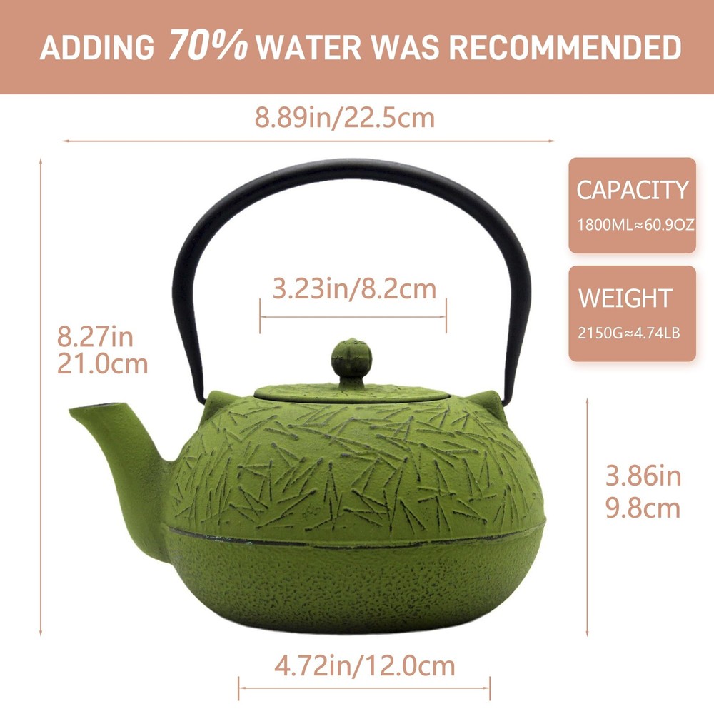 60.9oz Large Cast Iron Teapot, Big Tea Kettle for Stovetop Safe, Green Cast I...