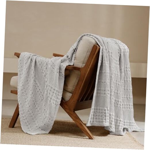 100% Cotton Waffle Weave Throw Blanket, Soft Throw(50"x60") Light Grey