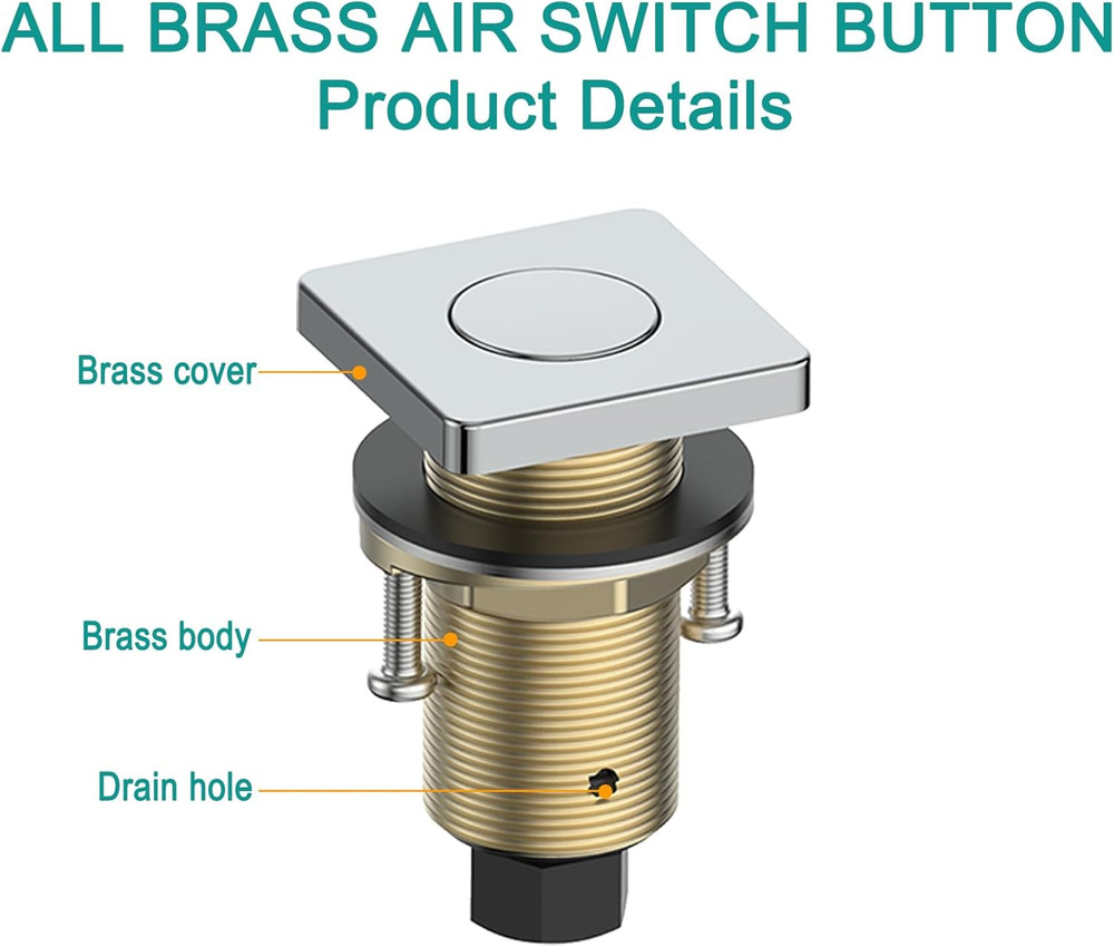 Chrome Square Air Switch Kit for Safe Garbage Disposal - Push Button Control