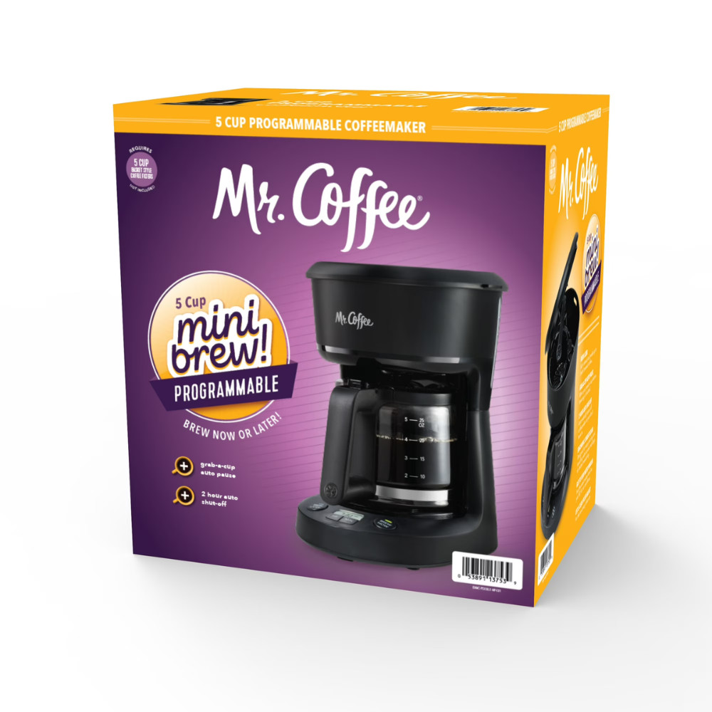 Mr. Coffee 5-Cup Programmable Coffee Maker, Black Color, Small Drip Coffeemaker