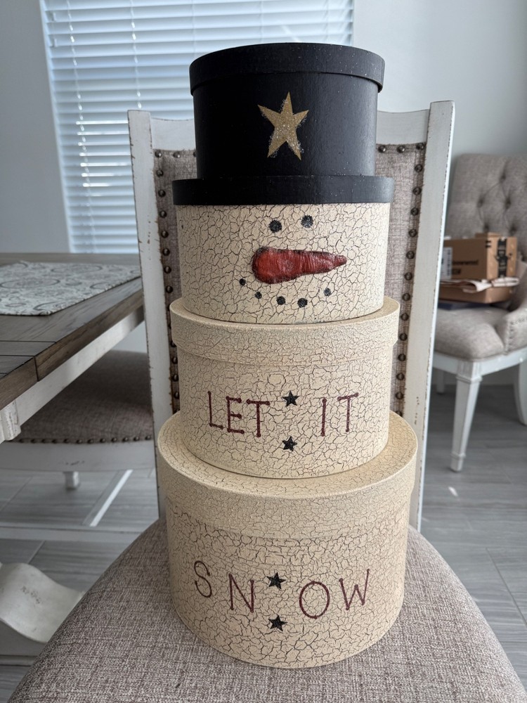 Primitive Snowman Round Stacking/Nesting Boxes - 4 Boxes