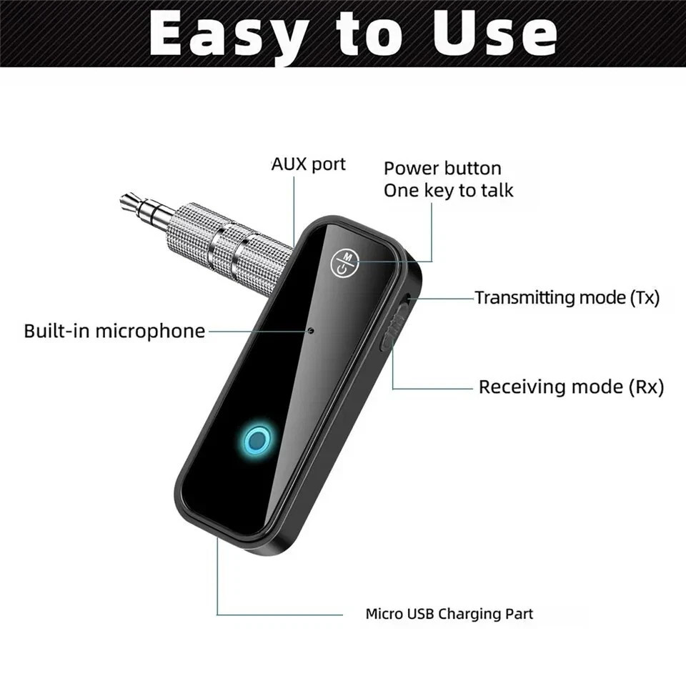 Wireless Bluetooth 5.0 Transmitter Audio Adapter 3.5mm Aux Micro USB Car Kit