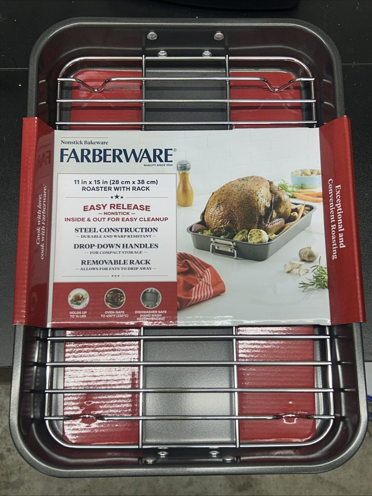 Farberware Bakeware 11x15 Inch Nonstick Roaster with Flat Rack, Dishwasher Safe