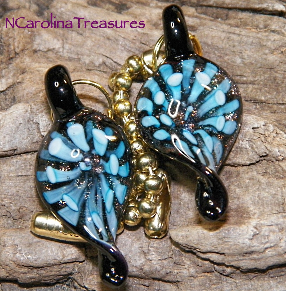 MURANO GLASS CEILING FAN SWITCH PULL LEAF DESIGN AQUA FLORAL BURST SMALL PAIR