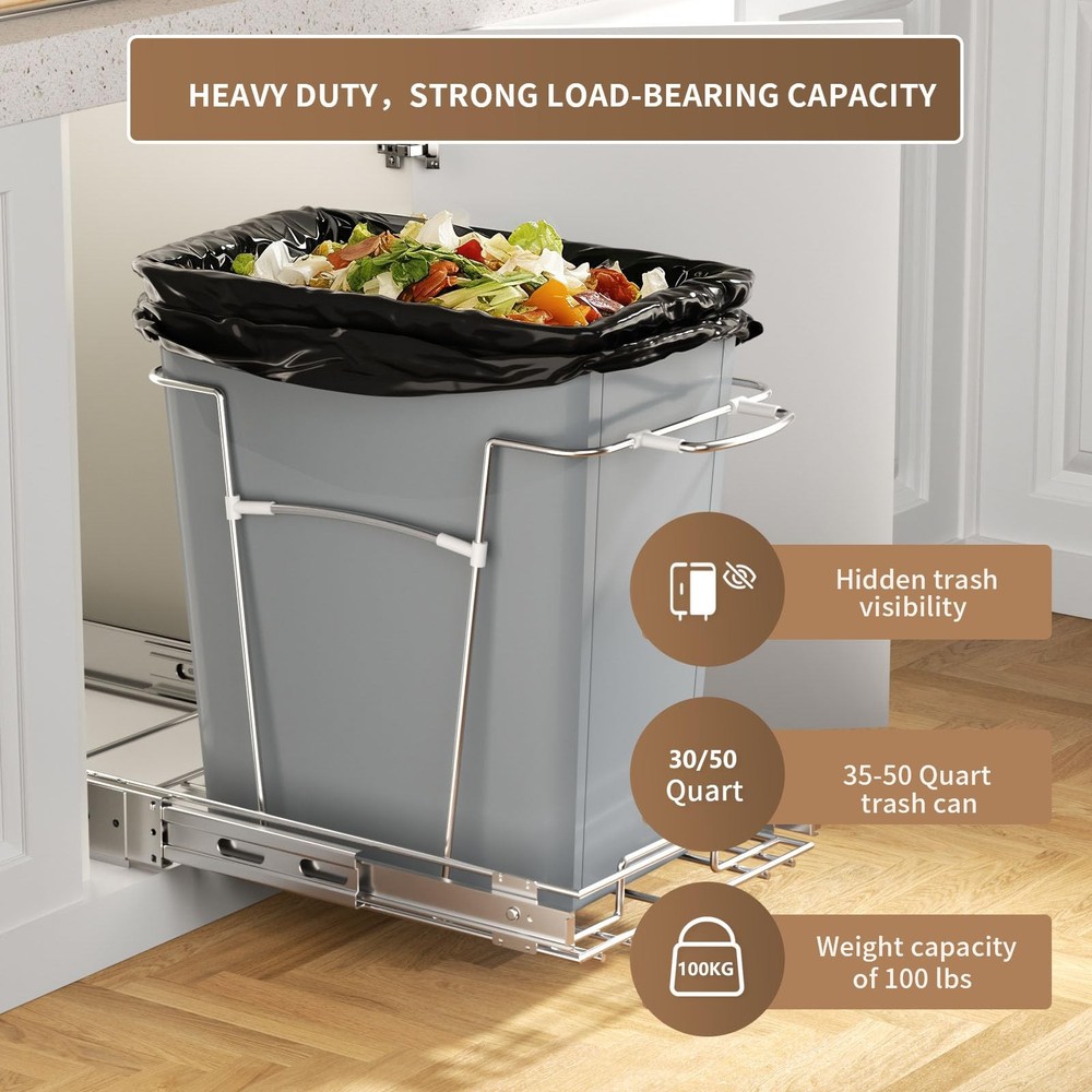 Pull Out Trash Can for Kitchen Cabinets, 35 Qt Under Sink Garbage Bin with Fu...