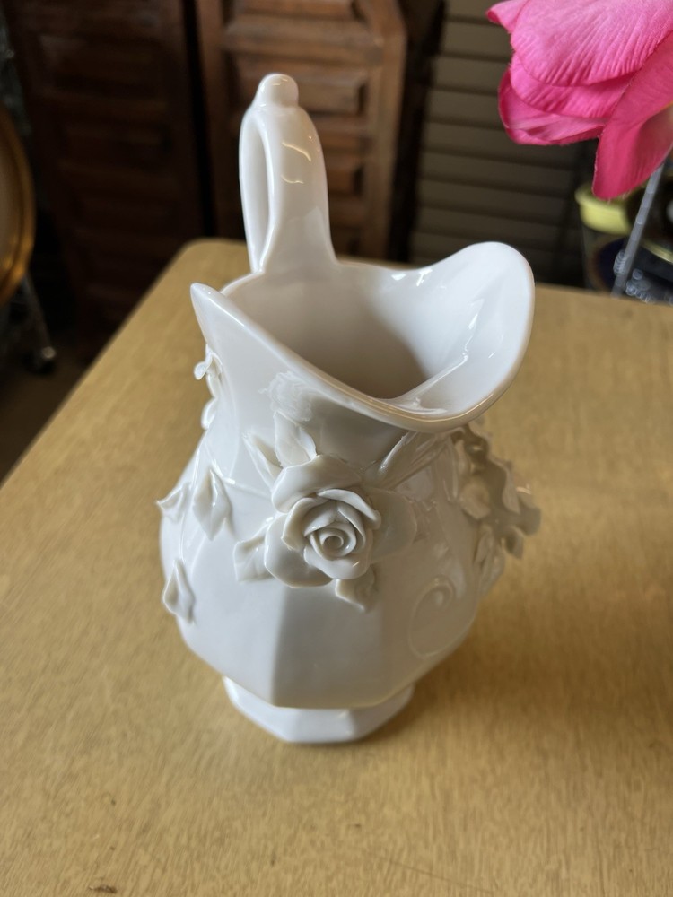 Pitcher Porcelain White W/ Rose Artwork