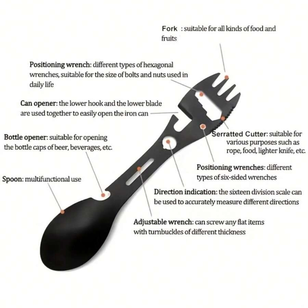 1 Pc Utility Multifunctional Outdoor 10-in-1 Fork Spoon Tableware Pouch & Hooks
