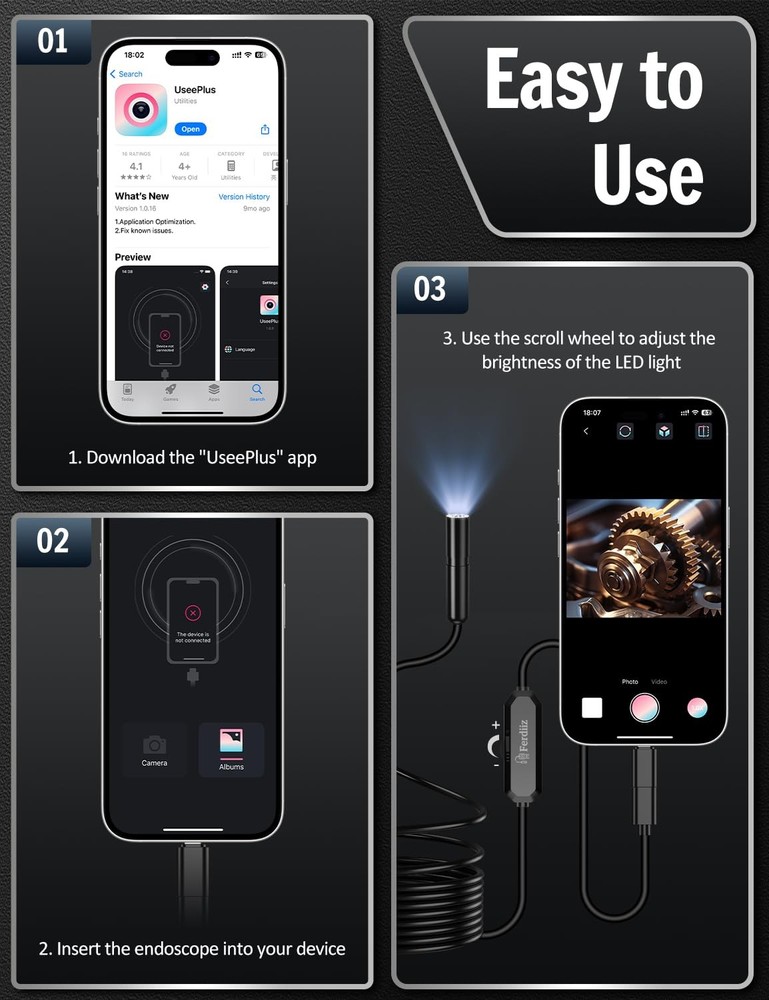 Endoscope Camera with Light, 1920P HD Borescope with 8 Adjustable LED Lights,...