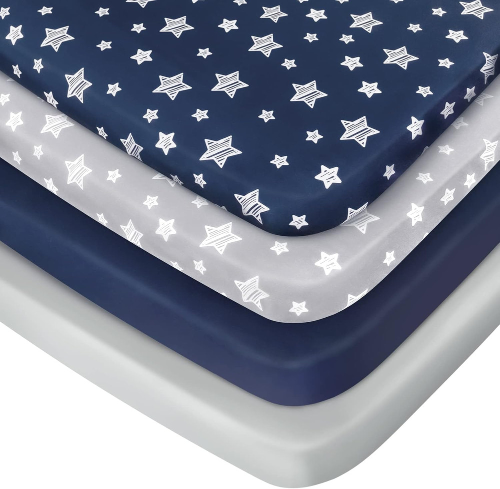 Pack and Play Sheets Boys, 4 Pack Mini Crib Sheets, Stretchy Pack and Play Playa