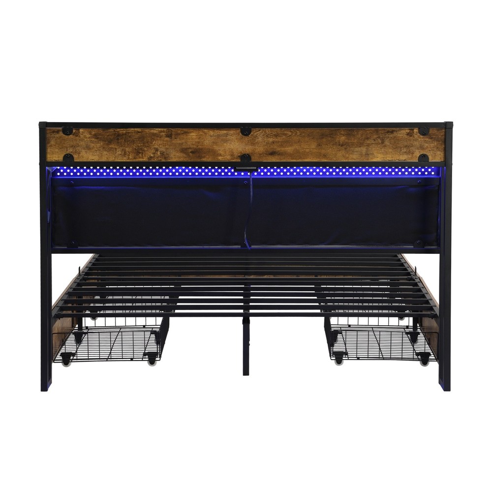 Full/Queen Size Platform Bed Frame w/ 4 Drawer & Storage Headboard & LED Lights