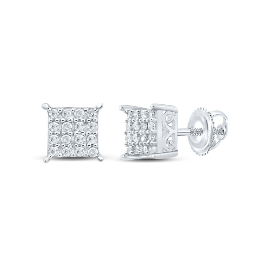 Diamond Square Mens Stud Earrings 925 Sterling Silver Screw Back