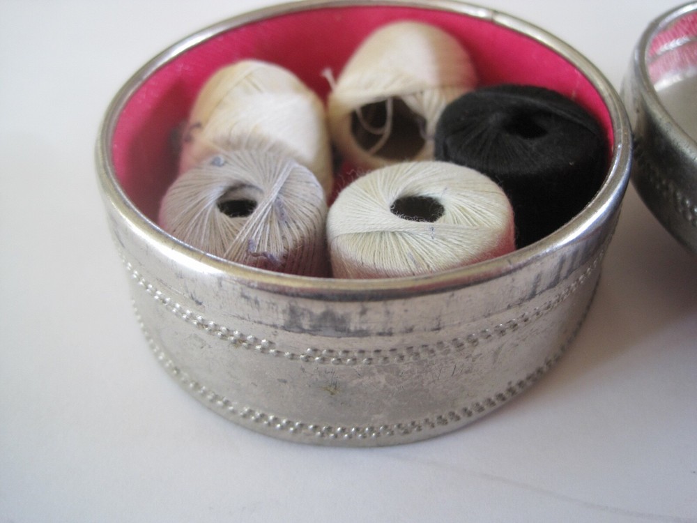 Pin Cushion w/ Thread Inside Paper Bottom Silver Tone