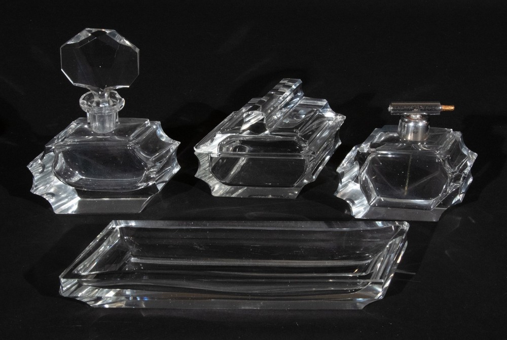 Art Deco Perfume Clear Cut Crystal Glass Dressing Table Set