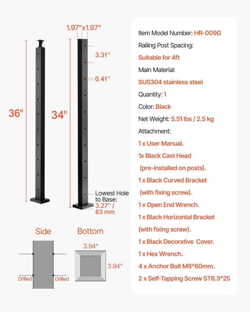 1-Pack Cable Railing Post 36x2x2 In Horizontal-Hole Deck Railing Post Pre-