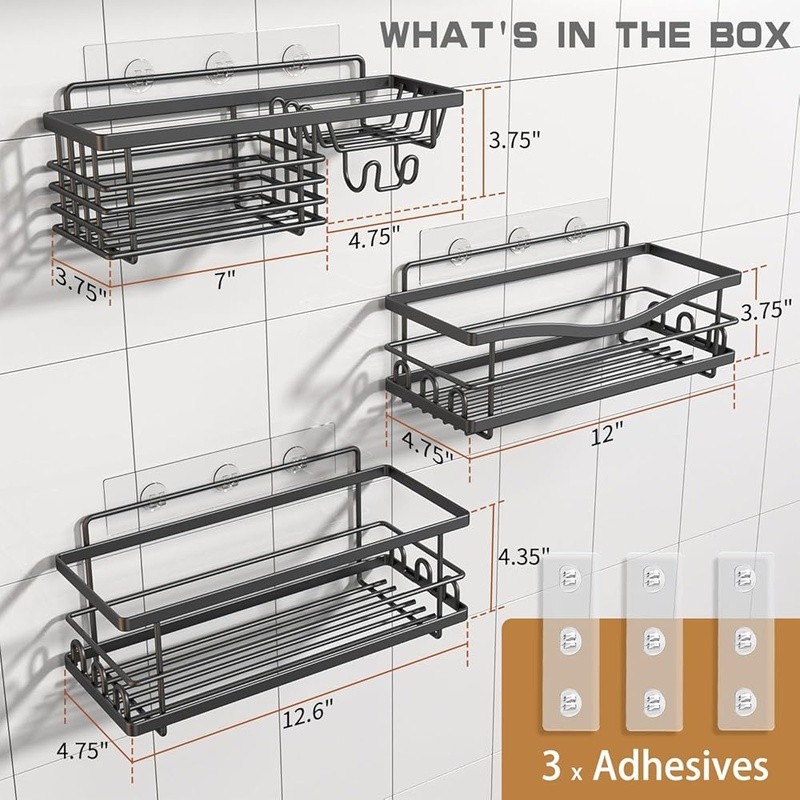 3 Pack Shower Caddy Organizer Rustproof Adhesive Shelf Set Quick Drainage Hooks