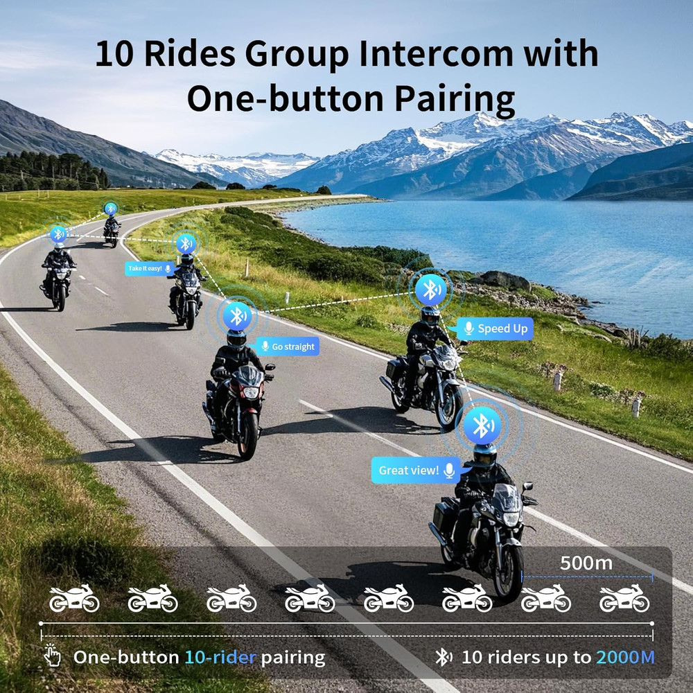 Motorcycle Bluetooth Intercom, Music Sharing, M1S Pro 2000M 10 Riders Group Helm