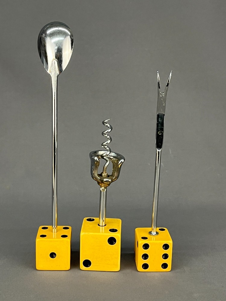 3 pc Mid-Century Bakelite Dice Bar Utensils Corkscrew Spoon & Olive Fork