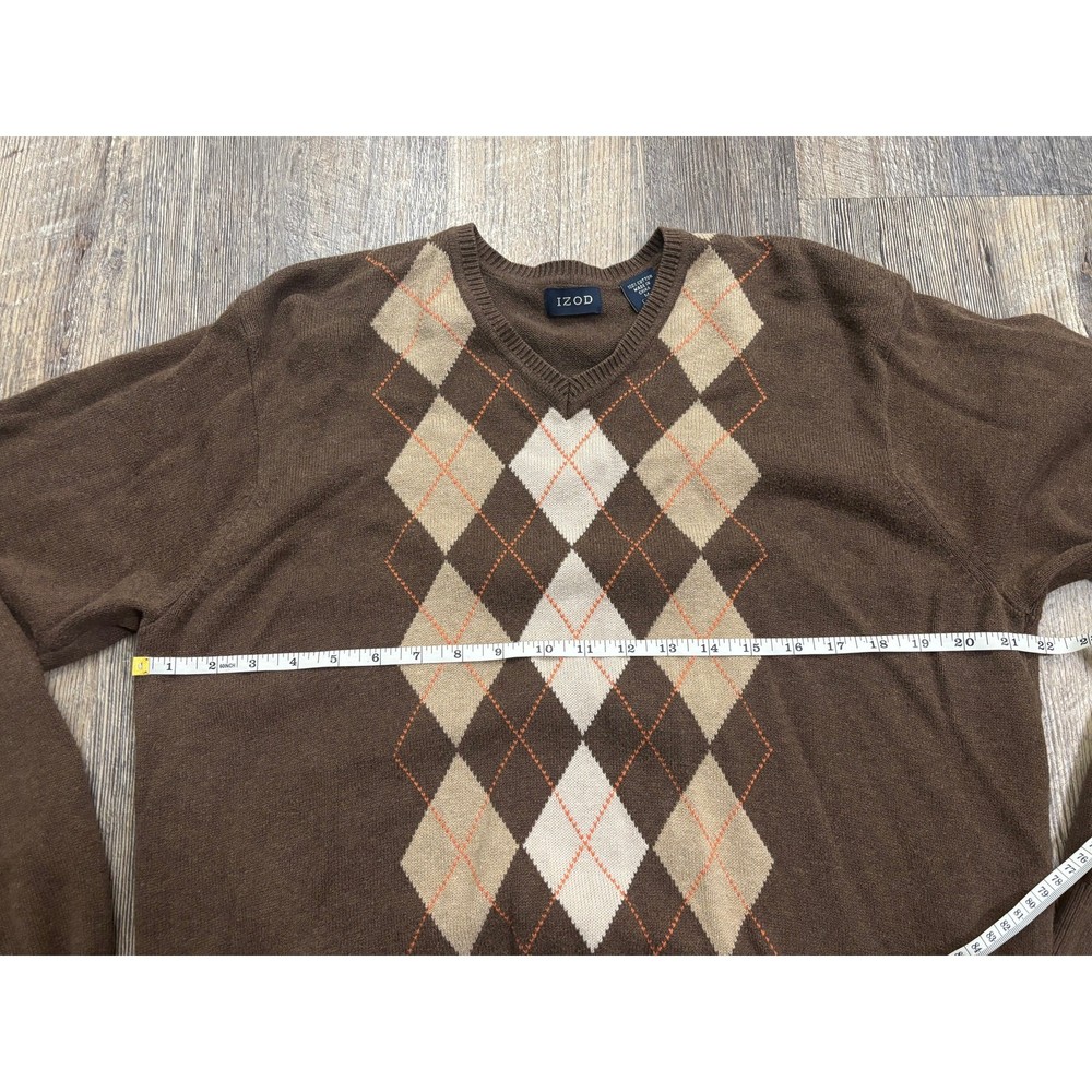 IZOD Mens Brown Argyle V-Neck Sweater 100% Cotton Pullover Size M