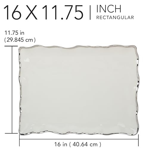 Regency Silver Porcelain Rectangular Platter Scalloped Edges Metallic