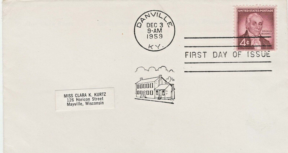 FIRST DAY ISSUE STAMPED ENVELOPE Dec. 3, 1959, Danville, KY  4 Cent Stamp