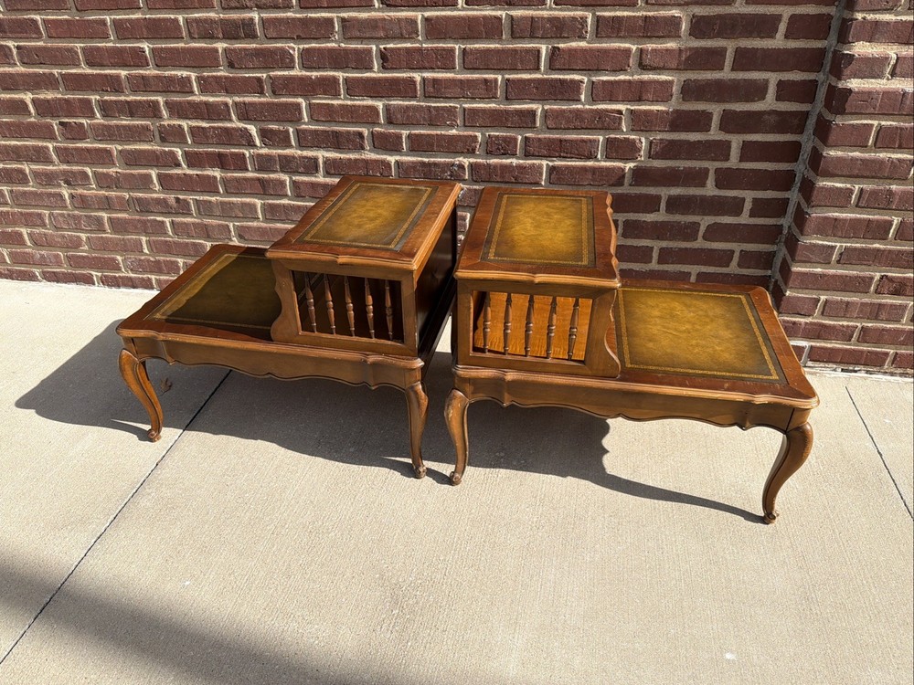 PAIR Step-Back Tooled Leather Top ANTIQUE Side End Tables