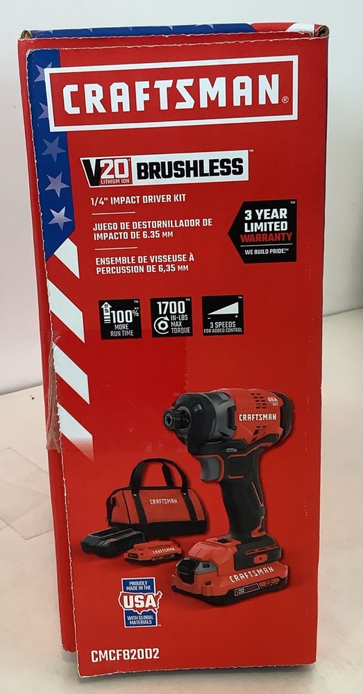 CRAFTSMAN V20 Max Variable Speed Brushless 1/4” Cordless Impact Driver CMCF820D2