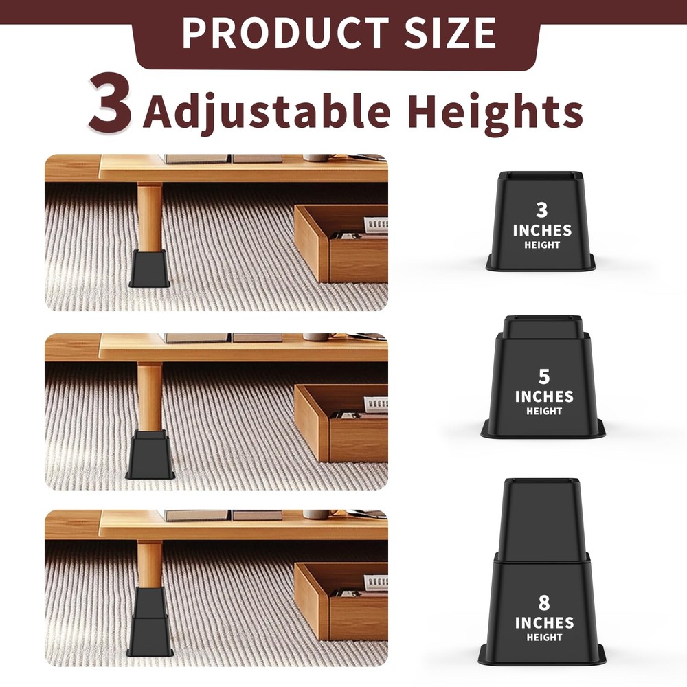 Adjustable Bed Risers 3 5 8 Inch Heavy Duty Stackable 4 Pack Black 1300lb