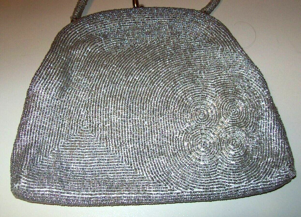 VTG Silver Circle Bead Patterned Purse Handbag w/ Beaded Handle Mirror & Comb