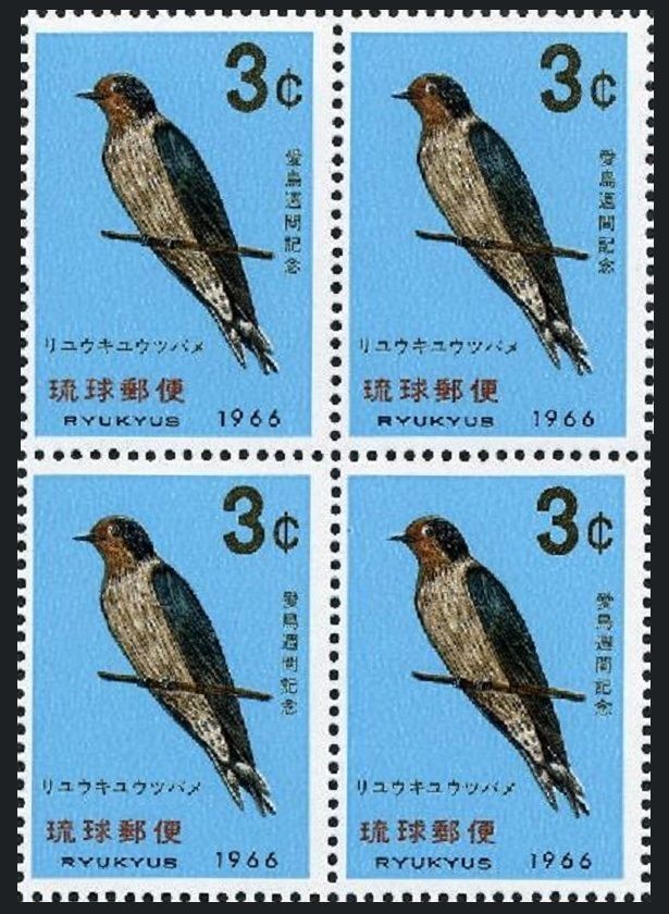 RyuKyu 143 block/4, MNH. Michel 172. Bird week 1966. Swallow.