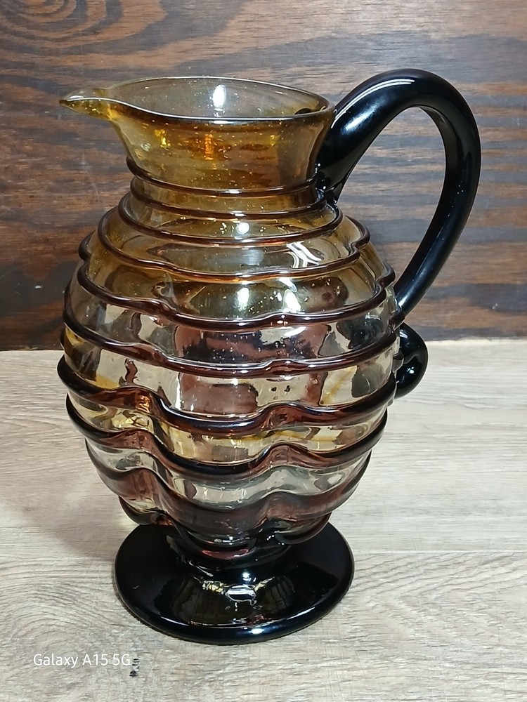 BUBBLE GLASS PITCHER Purple Stripes 18oz Attached Handle & Base